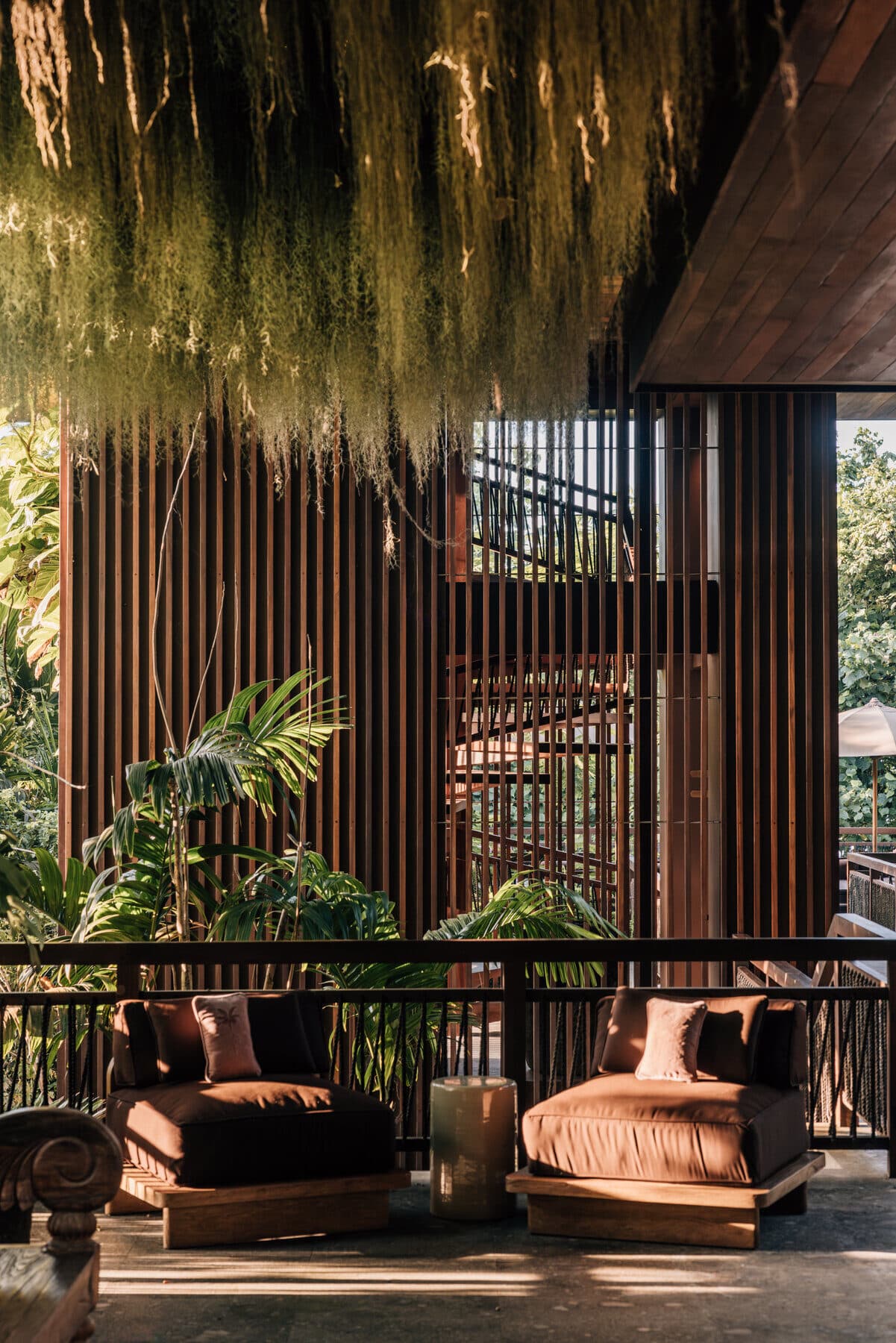 Lounge terrace with hanging greenery